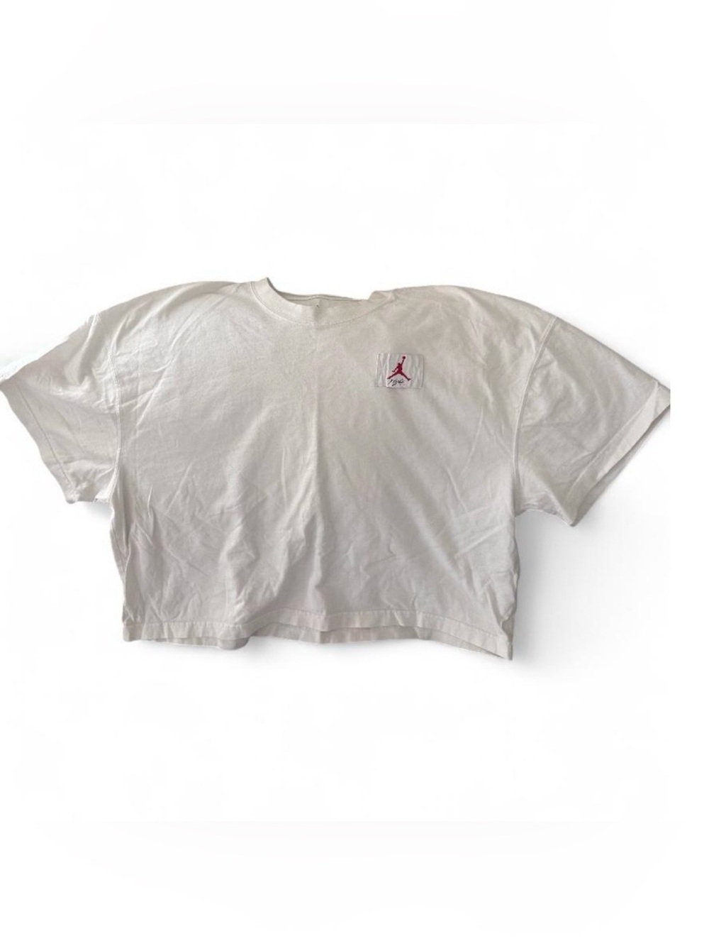 Womens White Jordan Boxy Loose Fit Cropped Tee with Red Jumpman Logo Sz L